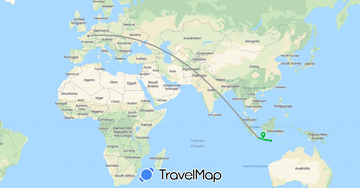 TravelMap itinerary: driving, bus, plane in France, Indonesia (Asia, Europe)